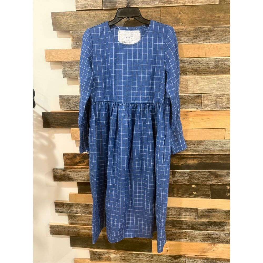 NotPerfectLinen new Emilie boho lagenlook dress blue checks size S
